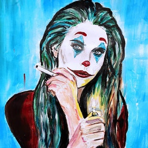 May include: A painting of a woman with green hair and clown makeup. She is holding a cigarette in one hand and a lighter in the other. The background is a bright blue.