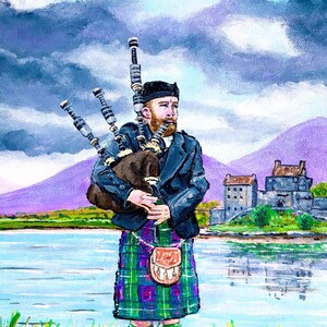 May include: A man in a kilt and jacket plays a bagpipe in front of a loch and a castle. The sky is cloudy and the mountains in the background are purple.