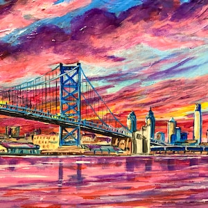 May include: A painting of the Philadelphia skyline with the Ben Franklin Bridge in the foreground. The sky is a vibrant pink and orange with clouds. The city skyline is silhouetted against the sunset.