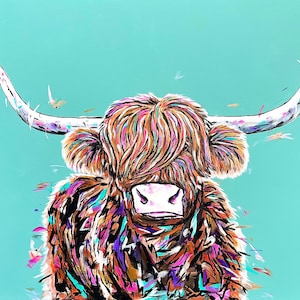 May include: A colorful painting of a Highland cow with long, flowing hair. The cow is painted in shades of brown, pink, purple, and blue, with a white background. The cow's horns are white and curve upwards.