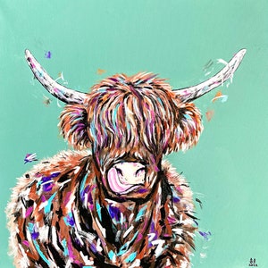 May include: A colorful painting of a Highland cow with brown, white, and blue fur. The cow is looking at the viewer with a pink tongue sticking out. The background is a light green color.