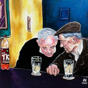 May include: Two men sit at a bar, one wearing a cap, talking and drinking from glasses. A bottle of red lemonade is on the table. The painting is done in a realistic style with a dark background.