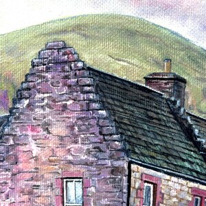 May include: Watercolour painting of a stone building with a dark roof and a chimney. The building has a purple and tan stone facade with small windows. A green hill and a cloudy sky are in the background.