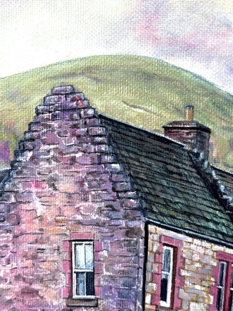 May include: Watercolour painting of a stone building with a dark roof and a chimney. The building has a purple and tan stone facade with small windows. A green hill and a cloudy sky are in the background.