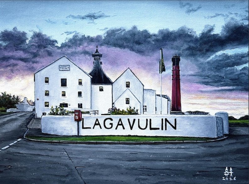 May include: An oil painting of the Lagavulin distillery, featuring white buildings, a red chimney, and a sign with the distillery's name. The sky is filled with dramatic clouds, and the road leads to the distillery.