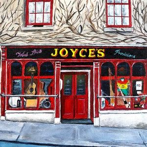 May include: A red brick building with a storefront that says "Joyce's Wines Spirits Provisions". The windows are decorated with items for sale, including a guitar, a lamp, and a jersey. The door is red and has a glass panel.