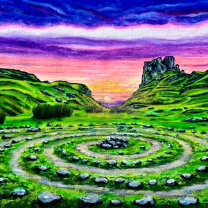 May include: A painting of a green, grassy landscape with a stone circle in the foreground. The sky is a vibrant purple and pink with a hint of orange in the distance. The painting is signed and dated in the bottom right corner.