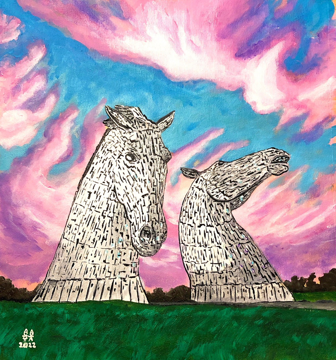 The Falkirk Kelpies Acrylic Painting on Canvas Cloth, Scottish Horses