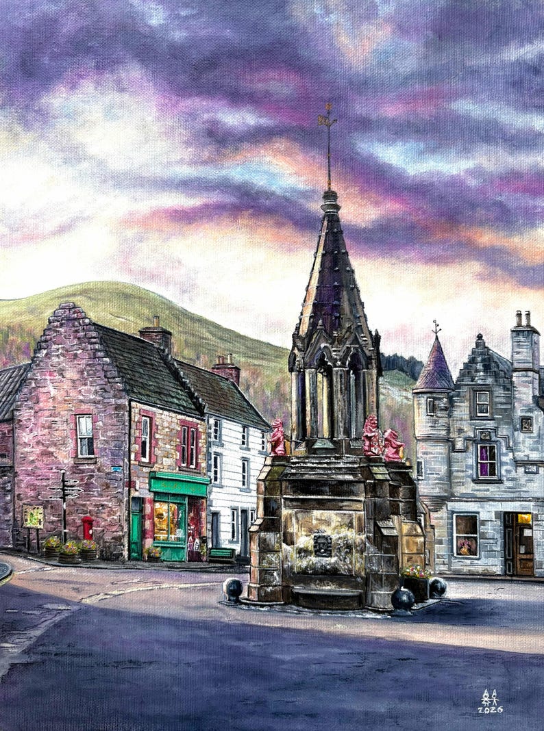 May include: A painting of a town square featuring a stone monument. Buildings with stone and white facades are on either side of the street. The sky is a mix of purple and pink hues. A green hill is in the background.