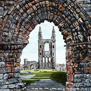 May include: An artistic painting of an ancient stone archway framing a view of a cathedral ruin. The arch is constructed of weathered, multi-colored stones. The cathedral features tall, slender towers and arched windows, set against a light blue sky.