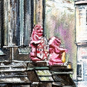 May include: A painting depicting a building facade with architectural details. Two pink sculptures flank a crest with a red and white design. The building has a stone appearance with a dark, textured surface.