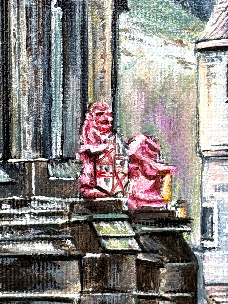 May include: A painting depicting a building facade with architectural details. Two pink sculptures flank a crest with a red and white design. The building has a stone appearance with a dark, textured surface.