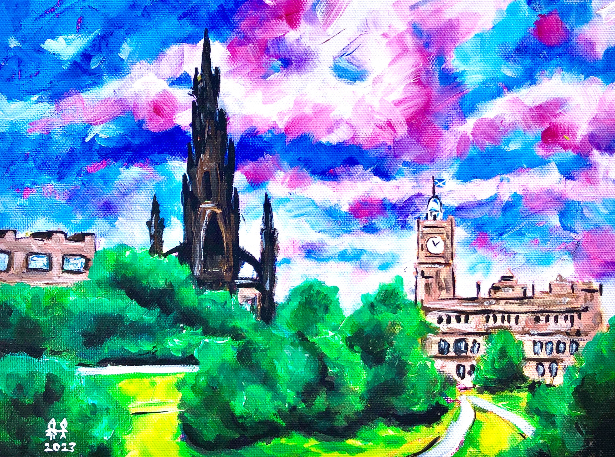 Scott Monument & The Balmoral mounted print of an original oil painting of Edinburgh, princes street Modern Scottish wall art Scotland