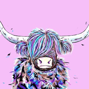 May include: A painting of a Highland cow with a purple, blue, and white mane against a light pink background.