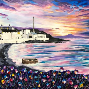 May include: A painting of a white building with the word "BOWMORE" on it, set against a colorful sunset sky. The building is located on a rocky shore with a small boat in the water. The foreground features a field of purple, blue, and yellow flowers.