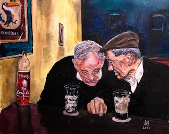 Auld Lads drinking pints of stout in Baily's Corner, Tralee print, Ireland, Modern pub Irish wall art Kerry men