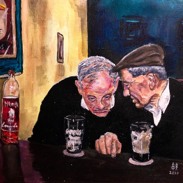 Auld Lads drinking pints of stout in Baily's Corner, Tralee print, incl 10x8 mount Ireland, Modern pub Irish wall art Kerry colourful