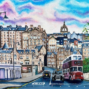 May include: A painting depicting a city street scene in Edinburgh, Scotland. The artwork features a red double-decker bus, two black taxis, and a street lamp. The buildings in the background are constructed from stone and have numerous windows. The sky is blue with pink and purple clouds.