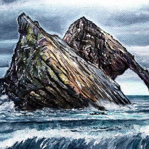 May include: An oil painting depicts a rocky sea arch in a stormy ocean. The arch is a dark, textured rock formation with shades of brown, gray, and green. The waves are a mix of white and blue, and the sky is overcast with gray clouds.