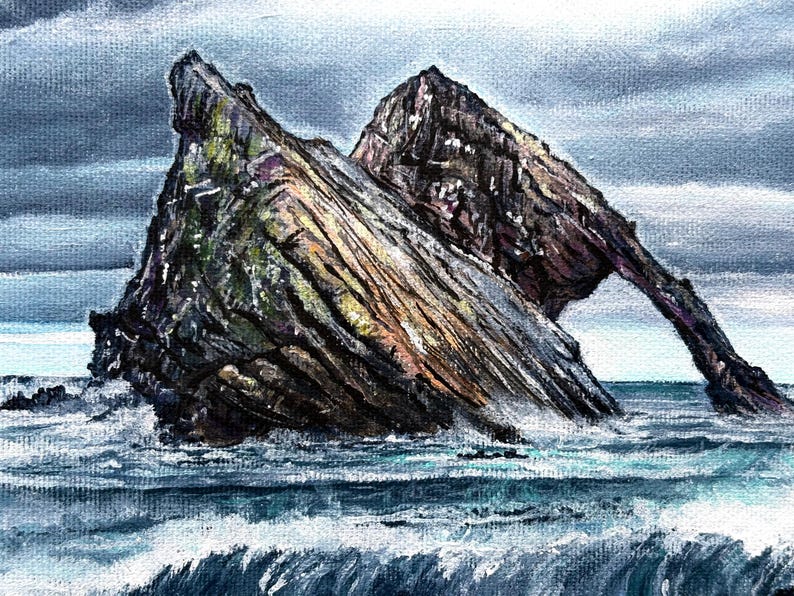 May include: An oil painting depicts a rocky sea arch in a stormy ocean. The arch is a dark, textured rock formation with shades of brown, gray, and green. The waves are a mix of white and blue, and the sky is overcast with gray clouds.
