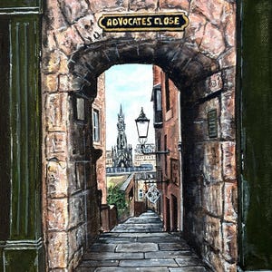May include: A painting of a narrow, stone alleyway in Edinburgh, Scotland. The alleyway is called "Advocates Close" and leads to a view of the city skyline, including a tall spire.