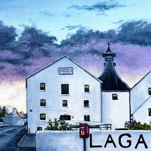 May include: An oil painting depicts a white distillery building with a black tower under a dramatic sky. The word "LAGAVU" is painted in white at the bottom. A red mailbox is visible in front of the building.