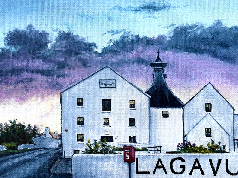 May include: An oil painting depicts a white distillery building with a black tower under a dramatic sky. The word "LAGAVU" is painted in white at the bottom. A red mailbox is visible in front of the building.
