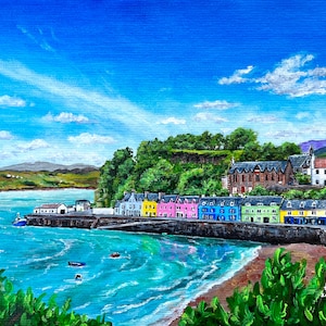 May include: A painting of a colorful village on a coast with a blue sky and white clouds. The village is made up of a row of houses with different colors, including pink, blue, yellow, and green. The houses are located on a cliff overlooking the water. The water is a light blue color and there are some boats in the water. The sky is a bright blue color and there are some white clouds in the sky.