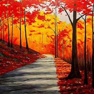 May include: A painting depicting a path winding through an autumnal forest. The trees are a vibrant mix of red and orange, with leaves falling to the ground. The path is light grey and leads into the distance.
