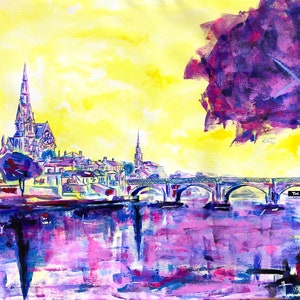 May include: A painting of a city skyline with a church steeple, a bridge, and a river. The painting is done in shades of purple, pink, and yellow.