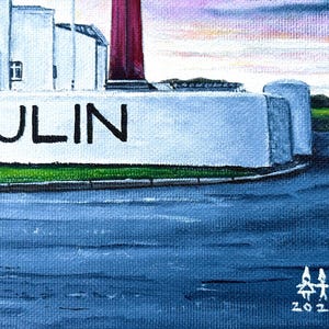 May include: An acrylic painting of a coastal scene featuring a white structure with the word "VULIN" in black letters. A red lighthouse and white buildings are in the background. The painting has a blue and green color palette, with a cloudy sky.