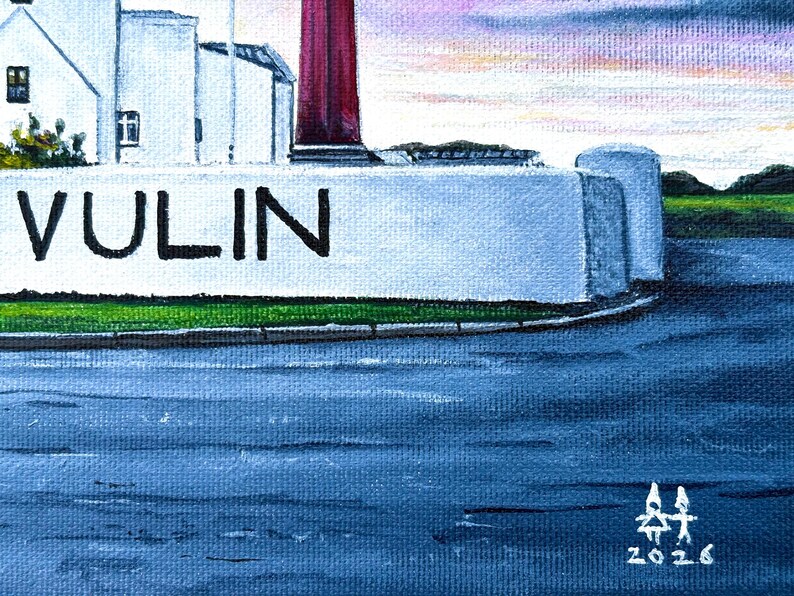 May include: An acrylic painting of a coastal scene featuring a white structure with the word "VULIN" in black letters. A red lighthouse and white buildings are in the background. The painting has a blue and green color palette, with a cloudy sky.