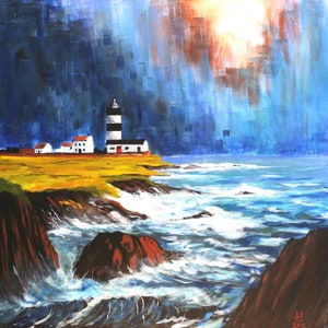 May include: A painting depicting a lighthouse on a rugged coastline, with crashing waves. The sky is a stormy blue with streaks of yellow and orange. The lighthouse is white with black stripes and a red door.
