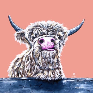 May include: A close-up of a Highland cow with a pink nose, looking directly at the viewer. The cow is painted in a realistic style with white and brown fur. The background is a light peach color.