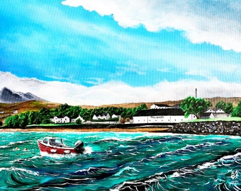 Distilleria Talisker, stampa dell'Isola di Skye con supporto 10x8, pittura scozzese astratta, onde meravigliose moderne, canzone della barca da parete Scotch Whisky