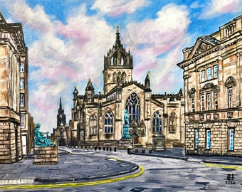 St. Giles Cathedral, Edinburgh print incl 10x8 mount Wall Art, Abstract cityscape Scotland painting Scottish church, city cloudscape