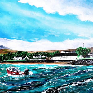 May include: A painting of a red boat on a blue body of water with waves. The boat is in front of a white building with the word "Talisker" on it. The building is on a green hill with trees. The sky is blue with white clouds.