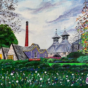 May include: A painting of a distillery with a red brick chimney, a gray roof, and a green lawn in front. The distillery is surrounded by trees and flowers. The painting is signed and dated 2021.
