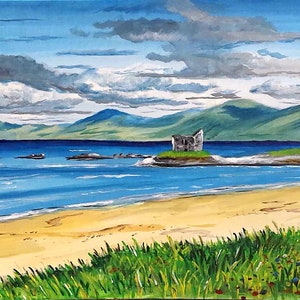May include: Acrylic painting depicting a coastal scene. A sandy beach leads to a blue sea, with a small island and ruined building. Mountains are in the background under a cloudy sky. Green grass and wildflowers are in the foreground.