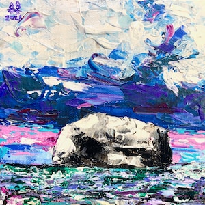 May include: Abstract painting of a white rock in a blue and purple sea with a pink sky. The painting has a textured, impasto style.