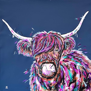 May include: A colorful painting of a Highland cow with a pink tongue sticking out. The cow's fur is painted in shades of pink, purple, blue, and green against a dark blue background.
