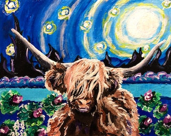 Starry Night Highland Coo Print: Scottish Cow, Vincent van Gogh Art, 10x8" Mounted