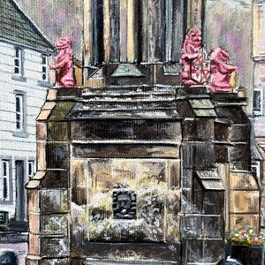 May include: A painting of a stone structure with a central tower and decorative elements. Two pink lion statues are positioned on the structure. The artwork features a muted colour palette, with browns, beiges, and pinks creating a detailed and textured scene.
