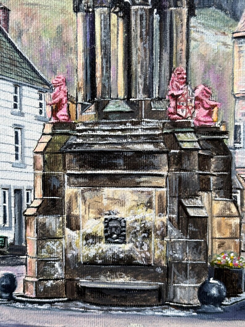 May include: A painting of a stone structure with a central tower and decorative elements. Two pink lion statues are positioned on the structure. The artwork features a muted colour palette, with browns, beiges, and pinks creating a detailed and textured scene.