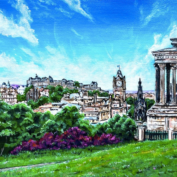 Calton Hill, Edinburgh, mounted print Scottish wall art, Scotland princess street castle, Scott monument
