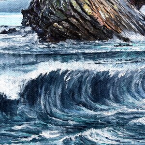 May include: An oil painting depicts a dramatic seascape. Dark blue waves crash against a rocky cliff face, creating white foam. The sky is a pale blue, and the overall mood is one of power and the sea.