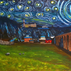 May include: A painting depicting a night sky with a large moon and numerous stars. The sky is blue and green, with yellow stars. In the distance, there are buildings, and a railway viaduct in the foreground. The painting is signed "A.O.T. 2015".