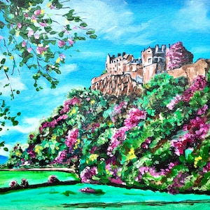May include: A painting of a castle on a hill with lush green trees and pink flowers in the foreground. The sky is blue with white clouds. The castle is brown and has a tall tower. The painting is signed and dated 2021.