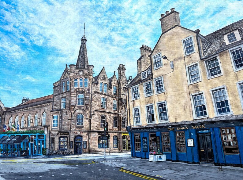 May include: A painting of a street in a town, featuring buildings with stone facades and multiple windows. The sky is blue with some clouds. One building has a sign that reads "The King's Wark".