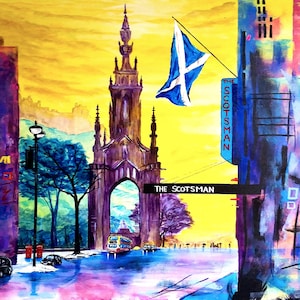 May include: An abstract painting of a city street scene with a prominent monument. The artwork features a Scottish flag, a sign that reads "THE SCOTSMAN", and a bus. The color palette includes yellow, blue, purple, and black.